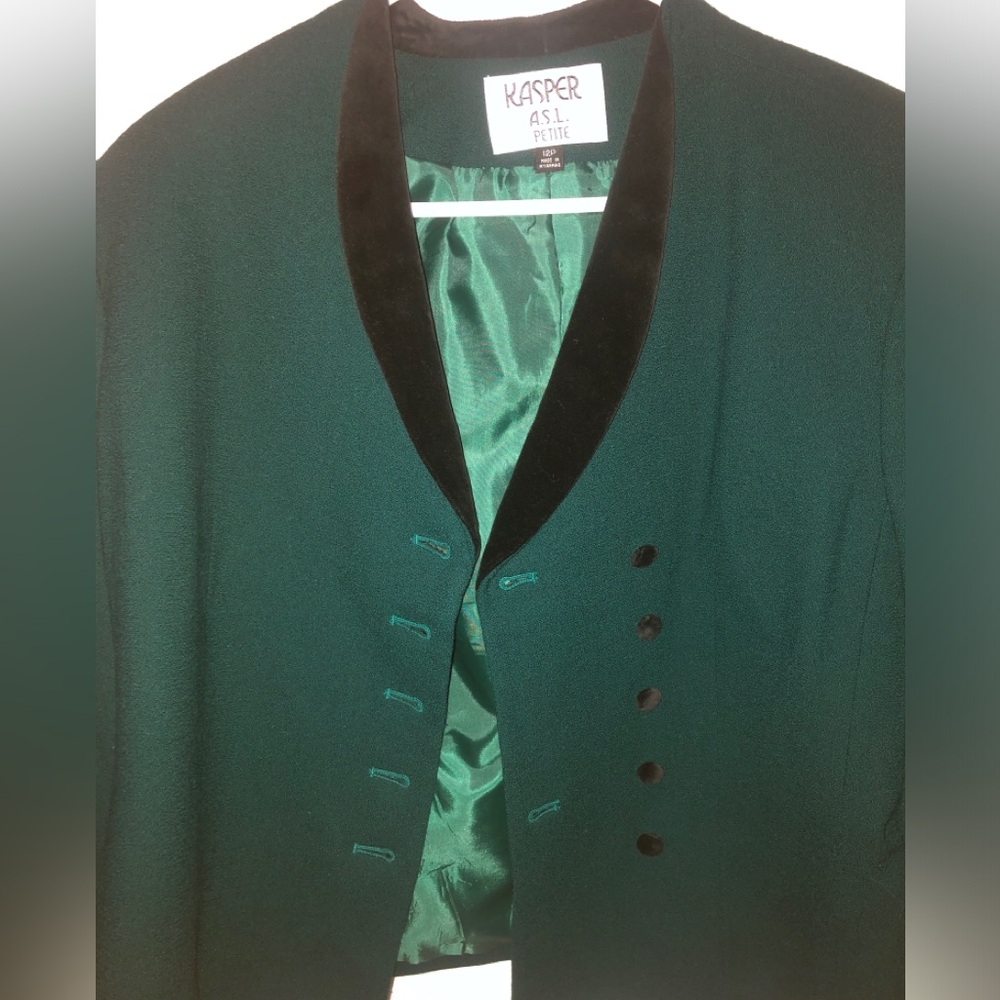 Kasper ASL Petite Vintage 90s Dark Green Blazer Black Velvet lapels Jacket 12P - Picture 11 of 11
